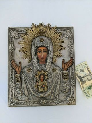 Russian Or Greek Antique Icon With Oklad Riza Cover W/ Hallmarks