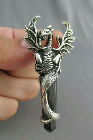 Vintage Pewter 3d Winged Dragon Onyx Obelisk Tail Wrapped Pendant