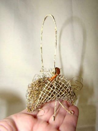 Antique Miniature Victorian Wire Basket Christmas Ornament,  Fine Wire Tinsel