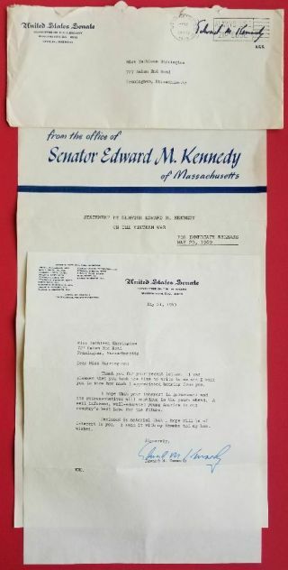 Edward M.  Kennedy 1969 Signed Letter,  Press Release And Envelope