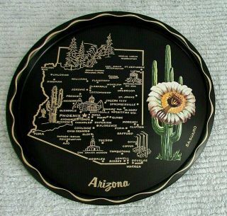 Arizona State Saguaro Cactus Flower 11 " Dia Black Tin Metal Serving Tray Sh