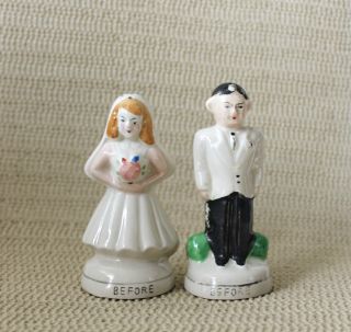 Mid - Century Bride & Groom Before & After Married Salt Pepper Shaker Set Numbered