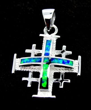 Large Sterling Silver Jerusalem Cross Pendant Gilson Opal Israel Holy Land