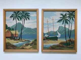 Vintage Paint By Number Pbn Tropical Hawaiian Scene W/ Boat,  Hut,  Palms,  Framed