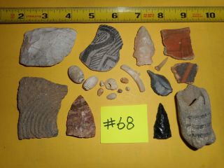 Anasazi Shards 68 - Corg - R/b - B/w - 9 Shell Beads - 1 Drill - 1 Shark Tooth - 3 Arrowheads -