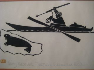 Henry Napartuk Vintage Eskimo and Walrus Signed Inuit Art Print 2