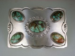 Large Heavy Old Navajo Stamped Sterling Silver & 5 Turquoise Belt Buckle