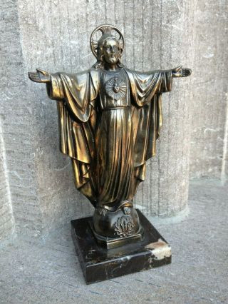 Antique France Brass Jesus Christ Sacred Heart Home Altar Standing Statue Figure