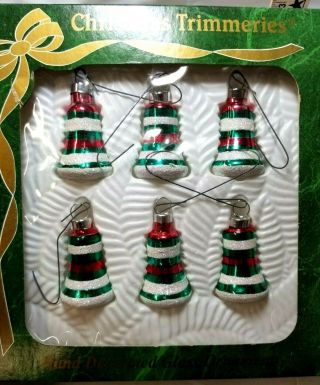 Vintage Christmas Trimmeries Glass Ornaments Hand Decorated Set Of 6 Bells