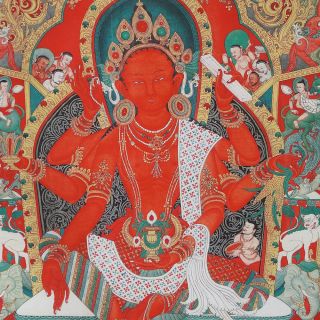 50 " Embroidered Brocade Scroll Thangka: Vasudhara,  Goddess Of Abundance & Rich =