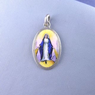 Sterling Silver Enamel Virgin Mary Medal / Pendant Charm Miraculous Madonna