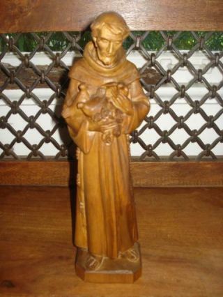 Vtg Saint Francis Of Assisi Hand Carved Wood Statue Beautifully Detailed 11.  5 "