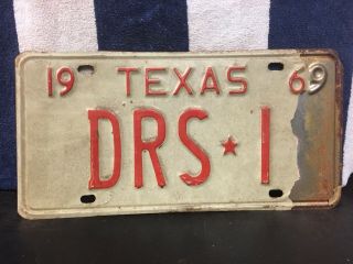 Vintage 1969 Texas Vanity License Plate.  “drs 1”