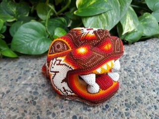 Fabulous Hand Beaded Huichol Mexican Art Jaguar Head,  By Florencio Lopez.  Pp1175