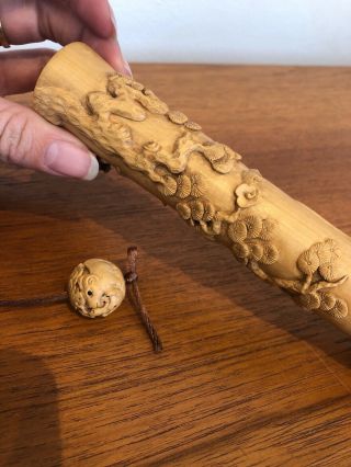 Japanese Kiseru Pipe Case Finely Carved Boxwood Signed & Matching Ojime 4