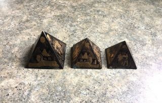 Three Vintage Egyptian Souvenir Metal Etched Pyramids - Brass Or Bronze
