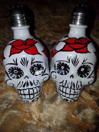 Tequila Hand Painted Collector Skull Salt Pepper Shakers Harley Kah Empty