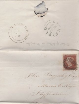 1846 Qv Letter With A 1d Penny Red Stamp Sent To John Baggerley At Staffordshire