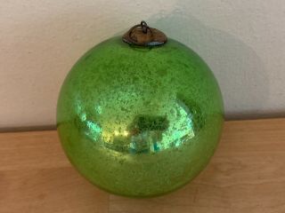 Vintage Lime Green Glass German Kugel Antique Christmas Ornament W/ Brass Top
