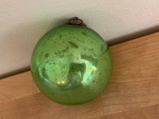 Vintage Lime Green Glass German KUGEL Antique Christmas Ornament w/ Brass Top 3