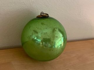 Vintage Lime Green Glass German KUGEL Antique Christmas Ornament w/ Brass Top 6