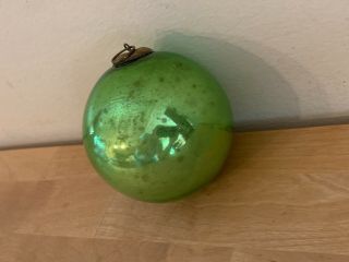 Vintage Lime Green Glass German KUGEL Antique Christmas Ornament w/ Brass Top 7