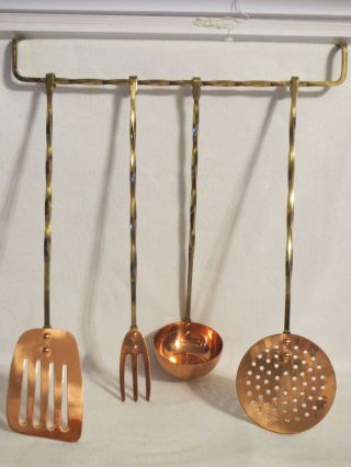 Korean Brass Twist Copper Kitchen Tools Ladle Skimmer Fork Spatula Hanging Mount