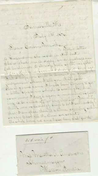 Janesville Wisconsin 1876 Letter To Missionary Cousin,  Ahmednagar Western India