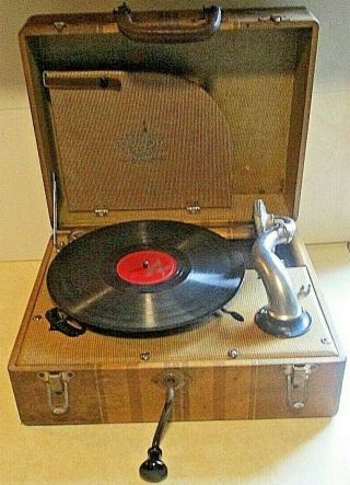 Antique Portable Pal Plaza Hand - Cranked Record Player