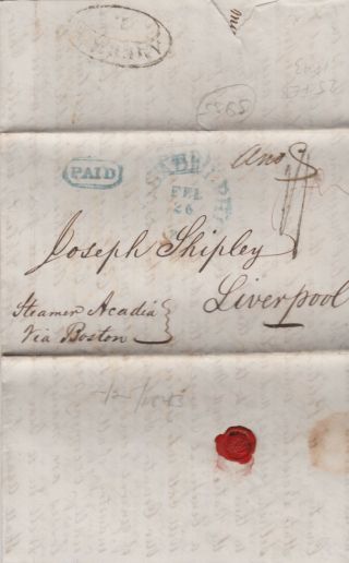 1843 Philadelpia Usa Transatlantic Ship Letter To Joseph Shipley In Liverpool