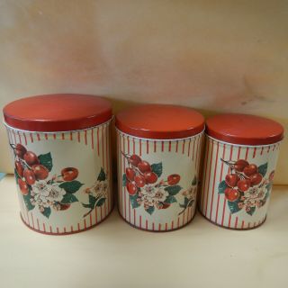3 Pc Vtg Nc Colorware Cherry Blossom Canister Set Of Tin Metal Cherries/stripes