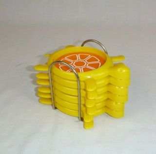 Set Of 6 Vtg Mid Century Mod Plastic Turtle Coasters Orange Yellow W/ Holder Usa