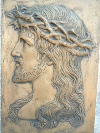 Antique French Bronze Relief Jesus Christ Holy Face crown of thorns Wall Plaque 2
