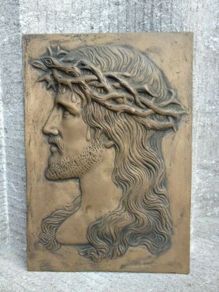 Antique French Bronze Relief Jesus Christ Holy Face crown of thorns Wall Plaque 3