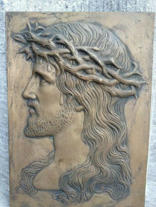 Antique French Bronze Relief Jesus Christ Holy Face crown of thorns Wall Plaque 4