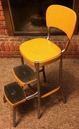 Vintage Retro Yellow Cosco Step Stool Chair Retracting Steps Signature