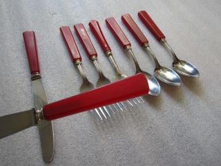 Vintage Stainless Steel Kitchen Utensil Set W/ Red Bakelite Handles