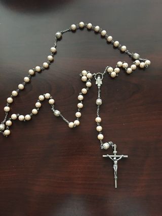 Antique Catholic Rosary Sterling Silver Pearl Beads Italy Crucifix Mid - Cent 21