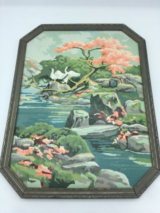 Vintage Paint By Number Swan Water Scene Framed