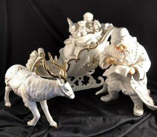 2001 Grandeur Noel Porcelain Santa And Sleigh Set Reindeer