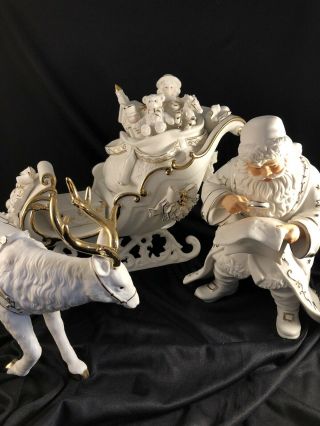 2001 Grandeur Noel Porcelain Santa and Sleigh Set Reindeer 5