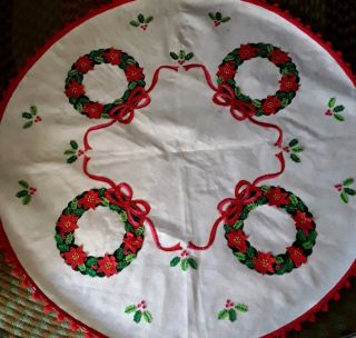 Vintage Handmade 36” Bucilla? Felt Appliqué Christmas Tree Skirt Sequins Wreaths
