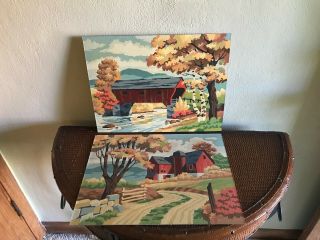 Pair Vintage Paint By Numbers Autumn Barn Farm Scenes Unframed