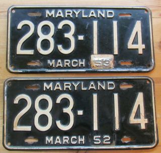 Maryland 1953 License Plate Pair 283 - 114