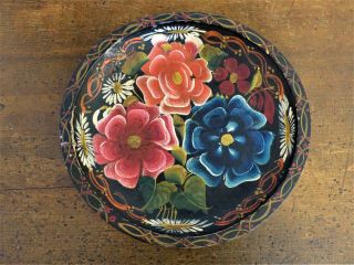 Vintage Pretty Handpainted Folk Art Mexican Wooden Batea Bowl Flowers 9.  25 " 2