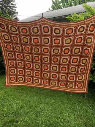 Vintage 70s Mcm Crocheted Afghan Blanket Granny Square Brown Orange Gold Groovy
