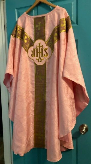 Gorgeous Rare Catholic Priests Pink Rose Brocade Chasuble Vestment