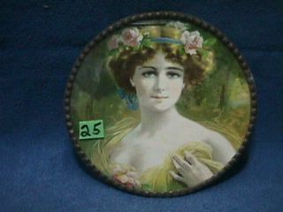 Antique Flue Cover Colorful Flowers Woman 7&3/4 " Pie Crust Metal Frame Germany