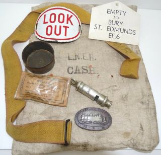Vintage Railway Gwr Cap Badge,  L&ner Whistle,  Look Out Badge,  Cash Bag,  Tin Etc