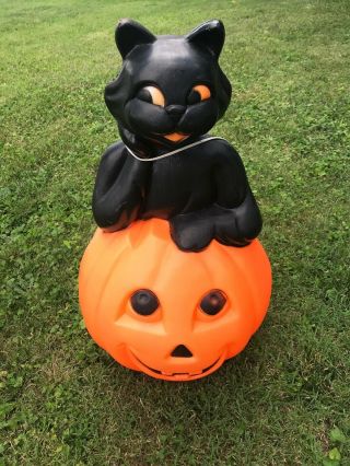 Vtg Blow Mold 34 " Pumpkin Black Cat Lighted Yard Decor Halloween Jack O’lantern
